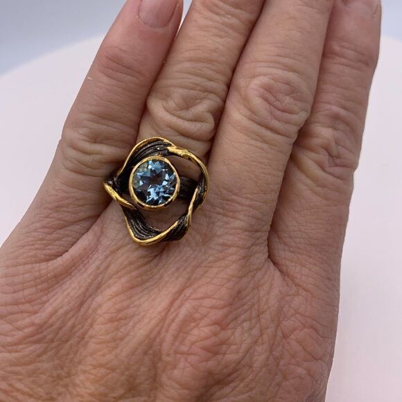 NWOT, solid sterling 925, black rhodium plating, 22 K gold vermeil, real topaz - Picture 5 of 16